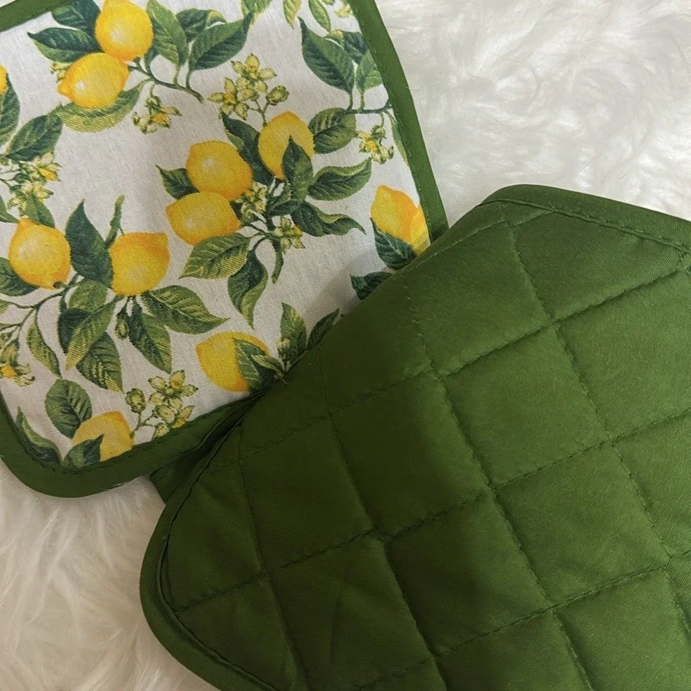 Home Collection 4pc Lemon Kitchen Set Oven Mitt Pot Holders Towel Yellow Green